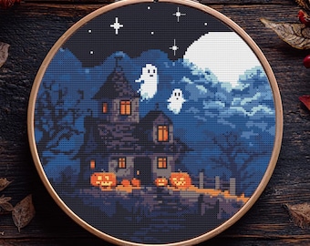 Hemsökt herrgård korsstygnsmönster PDF Halloween korsstygnsmönster Hösthäxbroderi Höstskräck Spöklika spöken korsstygn