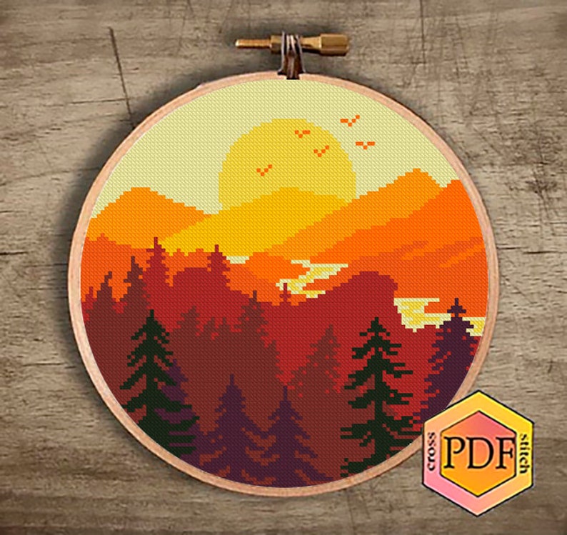 Mountain Landscape Cross Stitch Pattern PDF, Sunset Modern Counted ...