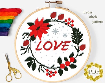 Christmas Wreath Modern Cross Stitch Pattern PDF, Floral Counted Cross Stitch Chart, Flowers, Xmas, Love, Hoop Embroidery, Digital Download