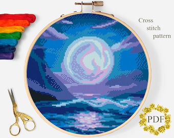 Modèle de point de croix moderne de paysage de mer PDF, tableau de point de croix compté de lune, aquarelle de la nature, océan, broderie de cerceau, téléchargement numérique