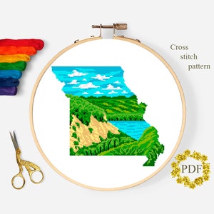 Missouri State Map Modern Cross Stitch Pattern PDF, Landscape America Counted Cross Stitch Chart, Nature, River, Embroidery Digital Download