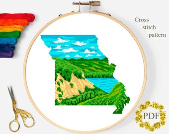 Missouri State Map Modern Cross Stitch Pattern PDF, Landscape America Counted Cross Stitch Chart, Nature, River, Embroidery Digital Download