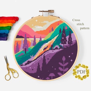 Herbst Landschaft modernes Kreuzstichmuster PDF, Berge gezählt Kreuzstichvorlage, Natur, Wald, Hoop Embroidery, digitaler Download