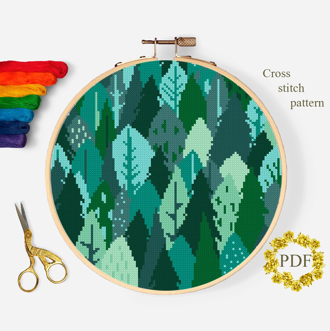Green Forest Modern Cross Stitch Pattern PDF, Landscape Counted Cross ...