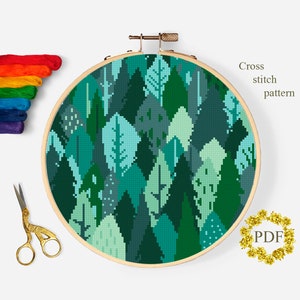 Green Forest Modern Cross Stitch Pattern PDF, Landscape Counted Cross Stitch Chart, Trees, Nature, Hoop Art Embroidery, Digital Download PDF