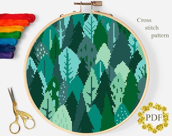 Green Forest Modern Cross Stitch Pattern PDF, Landscape Counted Cross Stitch Chart, Trees, Nature, Hoop Art Embroidery, Digital Download PDF