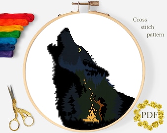 Wolf Silhouette Modern Cross Stitch Pattern PDF, Animal Counted Cross Stitch Chart, Night Landscape, Nature, Forest, Hoop, Digital Download