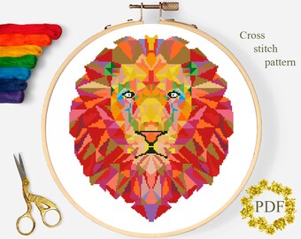 Geometryczny Lew Nowoczesny Wzór Haftu Krzyżykowego PDF, Afrykańskie Zwierzę Haft Krzyżykowy, Natura Xstitch, Haft Tamborek, Pobieranie Cyfrowe