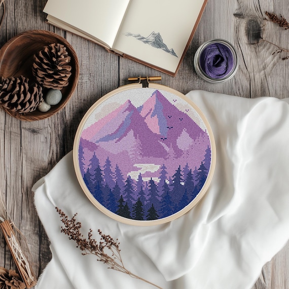 Mountains Modern Cross Stitch Pattern PDF, Lavender Landscape Counted Cross Stitch Chart, Nature, Forest, Hoop Embroidery, Digital Download