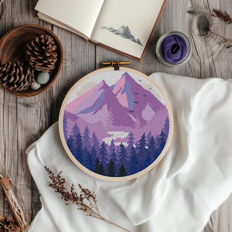 Mountains Modern Cross Stitch Pattern PDF, Lavender Landscape Counted Cross Stitch Chart, Nature, Forest, Hoop Embroidery, Digital Download image 1