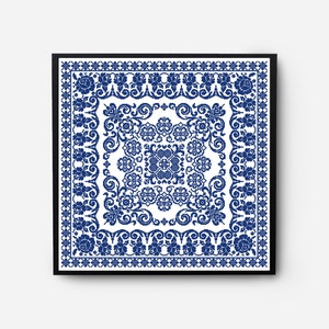 Folk Sampler Modern Cross Stitch Pattern PDF, Monochromatic Flowers Counted Cross Stitch Chart, Pillow, Carpet Embroidery, Digital Download