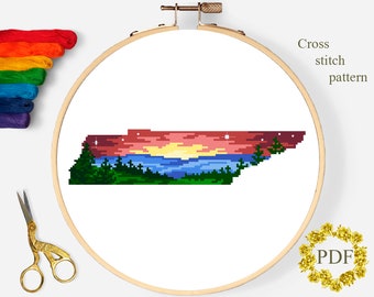 May include: Cross stitch pattern of the state of Tennessee with a sunset over a lake and mountains. The pattern is in a hoop and includes the text "Cross stitch pattern" and "PDF".
