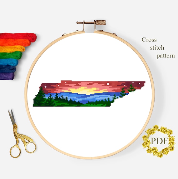 Tennessee State Map Modern Cross Stitch Pattern PDF, Landscape Counted Cross Stitch Chart, Mountains, Nature, Embroidery, Digital Download