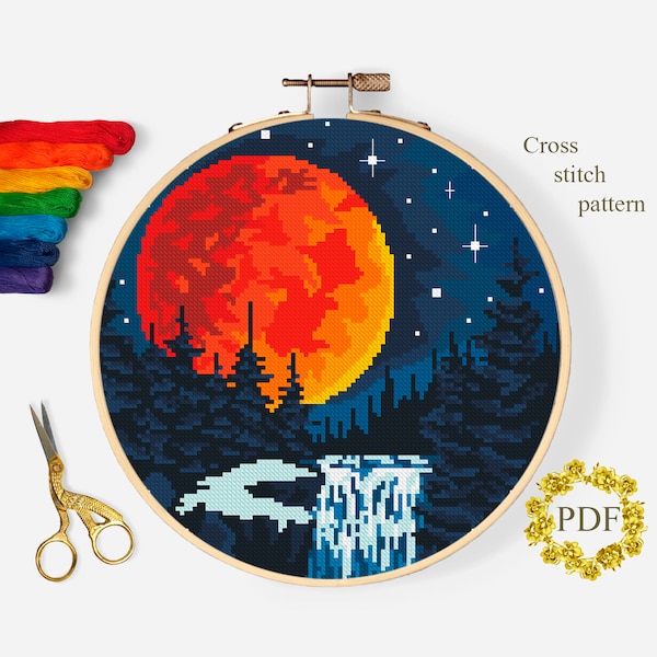 Kreuzstich Stickvorlage PDF, Kreuzstichvorlage Mond Zählmuster, Natur, Sterne, Wald, Fluss, Baum, Stickerei, digitaler Download