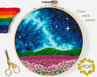 Landscape Modern Cross Stitch Pattern PDF, Starry Night Sky Counted Cross Stitch Chart, Nature, Mountains, Hoop Embroidery, Digital Download