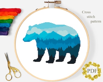 Bear Silhouette Modern Cross Stitch Pattern PDF, Mountain Landscape Counted Cross Stitch Chart, Animal, Hoop Embroidery, Digital Download