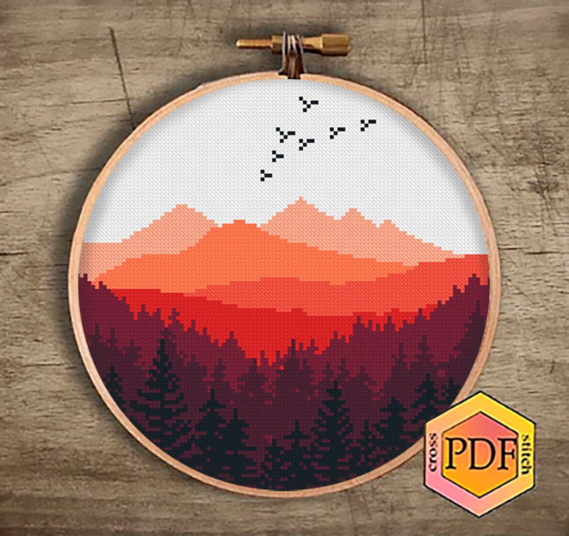 Mountains Modern Cross Stitch Pattern PDF Landscape Forest | Etsy