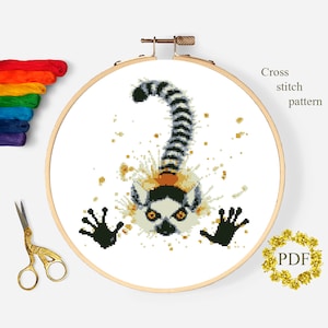 Funny Lemur Modern Cross Stitch Pattern PDF, Watercolor Animal Counted Cross Stitch Chart, Nature Xstitch, Hoop Embroidery, Digital Download