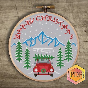 Christmas Car Modern Cross Stitch Pattern PDF, Winter Landscape Counted Cross Stitch Chart, Nature, Trees, Hoop Embroidery, Digital Download