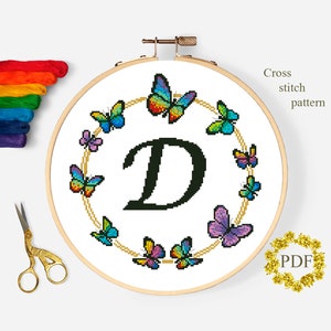 Letra D Patrón de punto de cruz moderno PDF, Monograma Bebé Contado Tabla de punto de cruz, Mariposa, Guardería, Descarga digital de bordado de arte de aro