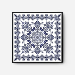 Folk sampler modern kruissteekpatroon pdf, monochromatische bloemen telpatroon, kussen, tapijtborduurwerk, digitale download