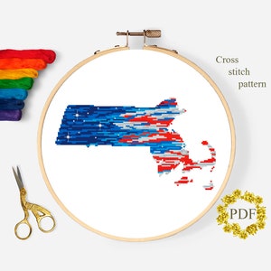 Massachusetts State Karte modernes Kreuzstichmuster PDF, amerikanische Flagge gezählt Kreuzstichvorlage, patriotische Stickerei, digitaler Download