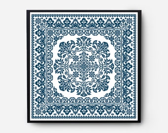 Folk Sampler Modern Cross Stitch Pattern PDF, Monochromatic Flowers Counted Cross Stitch Chart, Pillow, Carpet Embroidery, Digital Download