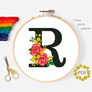 Letra R Moderno Padrão de Ponto Cruz PDF, Monograma Floral Contado Gráfico de Ponto Cruz, Flores Rosas, Bordado de Arte em Argola, Download Digital