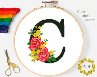 Letter C Modern Cross Stitch Pattern PDF, Monogram Floral Counted Cross Stitch Chart, Flowers Roses, Hoop Art Embroidery, Digital Download