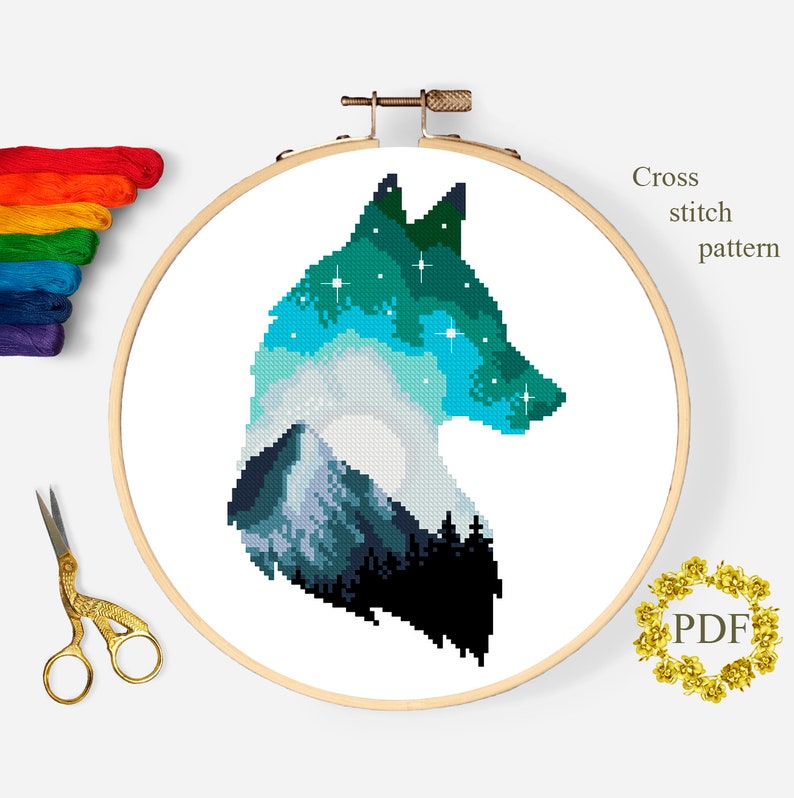 May include: Cross stitch pattern of a wolf's head with a mountain and forest scene inside. The wolf is outlined in black and the scene is in shades of blue and green.