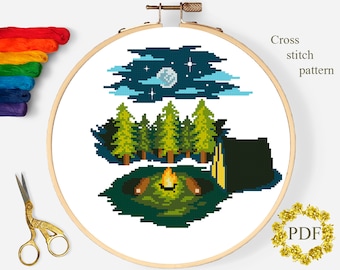 Adventure Travel Modern Cross Stitch Pattern PDF, Landscape Counted Cross Stitch Chart, Camping, Nature, Forest, Embroidery Digital Download