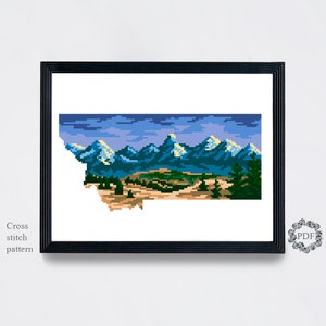 Montana State Map Modern Cross Stitch Pattern PDF, Paysage Compté Cross Stitch Chart, Mountain, Nature, Hoop Embroidery, Digital Download