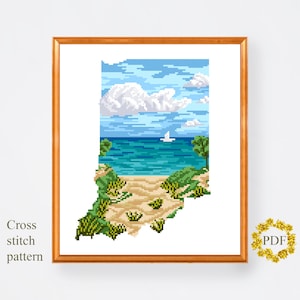 Patrón de punto de cruz moderno del estado de Indiana PDF, mapa de paisaje contado gráfico de punto de cruz, naturaleza, lago Michigan, bordado, descarga digital