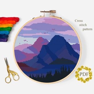 Violett Landschaft modernes Kreuzstichmuster PDF, Berge gezählt Kreuzstichvorlage, Natur Xstitch, Hoop Embroidery, digitaler Download