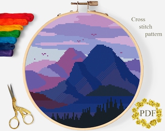 Violet Landscape Modern Cross Stitch Pattern PDF, Mountains Counted Cross Stitch Chart, Nature Xstitch, Hoop Embroidery, Digital Download