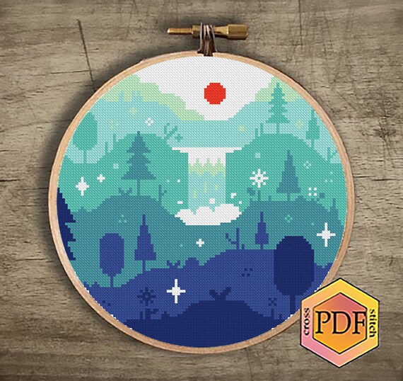 Landscape Modern Cross Stitch Pattern Pdf Waterfall Counted Etsy