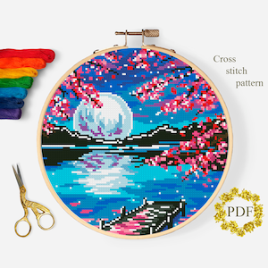 Landscape Modern Cross Stitch Pattern PDF, Tree Sakura Counted Cross Stitch Chart, Moon, River, Lake, Nature Embroidery, Digital Download
