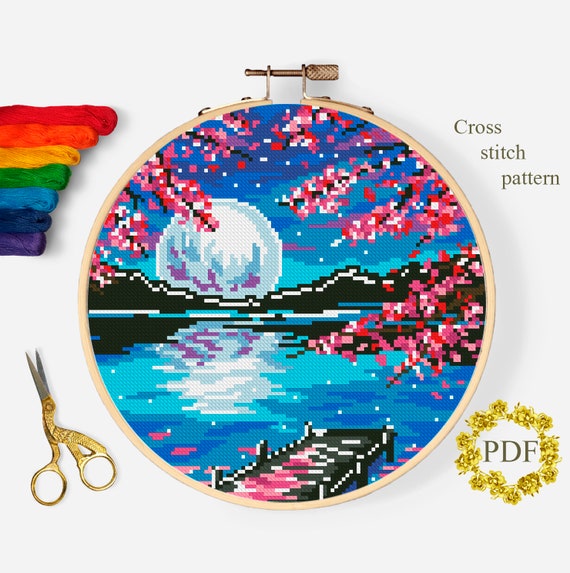 Landscape Modern Cross Stitch Pattern PDF, Tree Sakura Counted.