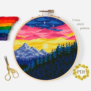 Kreuzstich Stickvorlage PDF, Berge Kreuzstichvorlage, Kreuzstichvorlage, Wald, Sonnenuntergang, Sterne, Natur Stickerei, digitaler Download