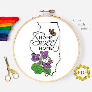 Illinois bloem modern kruissteekpatroon pdf, kaart getelde kruissteekkaart, bloemenborduurwerk, digitale download