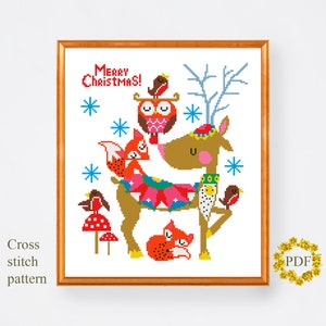 Christmas Deer Modern Cross Stitch Pattern PDF, Animal Counted Cross Stitch Chart, Nature, Winter Holiday, Xmas Embroidery, Digital Download