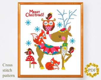 Christmas Deer Modern Cross Stitch Pattern PDF, Animal Counted Cross Stitch Chart, Nature, Winter Holiday, Xmas Embroidery, Digital Download