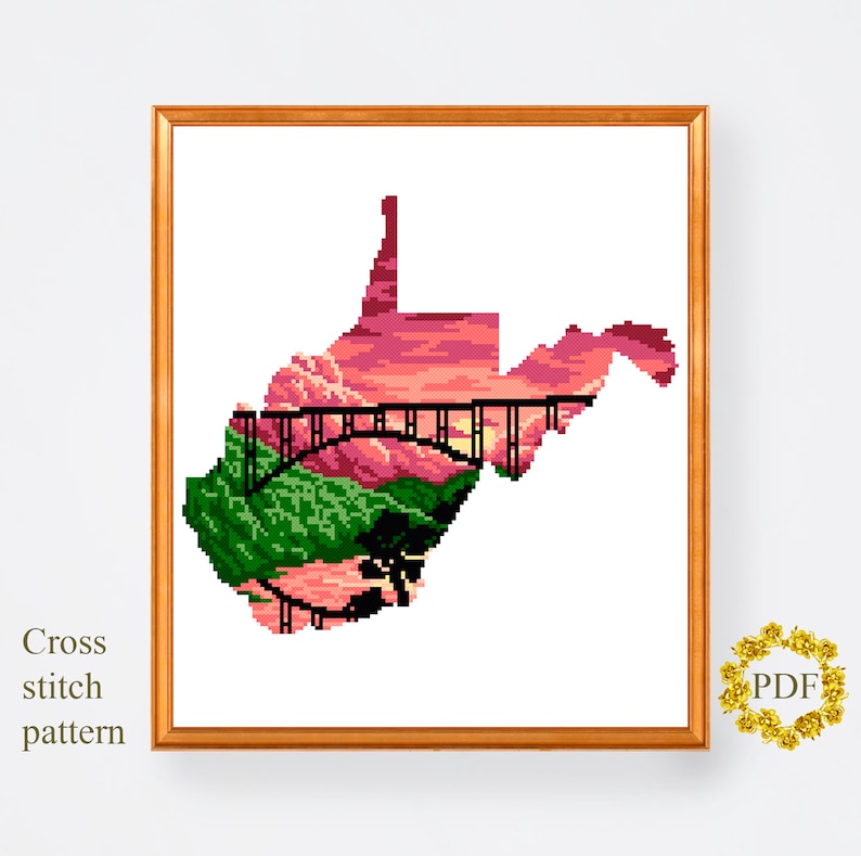 West Virginia State Modern Cross Stitch Pattern PDF, Landscape Map Counted Cross Stitch Chart, Nature, Bridge, Embroidery, Digital Download image 2