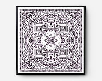 Folk Sampler Modern Cross Stitch Pattern PDF, Monochromatic Flowers Counted Cross Stitch Chart, Pillow, Carpet Embroidery, Digital Download