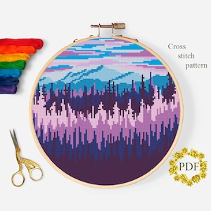 Landscape Modern Cross Stitch Pattern PDF, Mountains Counted Cross Stitch Chart, Nature, Forest, Trees, Hoop Embroidery, Digital Download