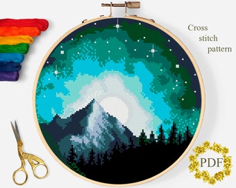 Starry Night Sky Modern Cross Stitch Pattern PDF, Mountain Landscape Counted Cross Stitch Chart, Nature Embroidery, Moon, Digital Download