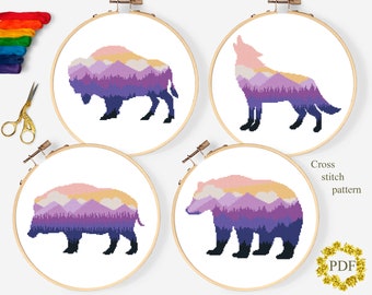 Set Animals Silhouette Modern Cross Stitch Pattern, Mountain Landscape Counted Cross Stitch Chart, Bison, Wolf, Bear, Boar, Download PDF