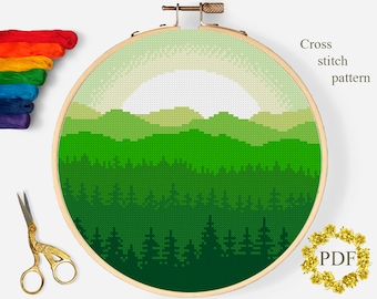 Landscape Modern Cross Stitch Pattern PDF, Mountains Counted Cross Stitch Chart, Nature, Forest, Sunrise, Hoop Embroidery, Digital Download