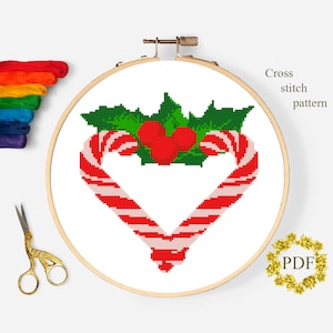 Candy Cane Modern Cross Stitch Pattern PDF, Christmas Counted Cross Stitch Chart, Xmas, Heart, Holiday, Hoop Embroidery, Digital Download