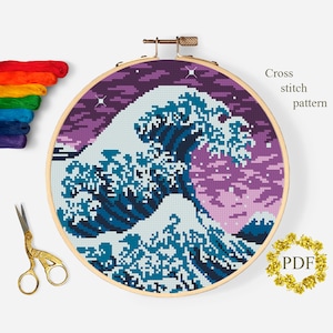 Golven Modern Cross Stitch Patroon PDF, Zeelandschap Geteld Cross Stitch Chart, Natuur, Oceaan, Surge, Hoop Art Borduurmotief, Digitale Download